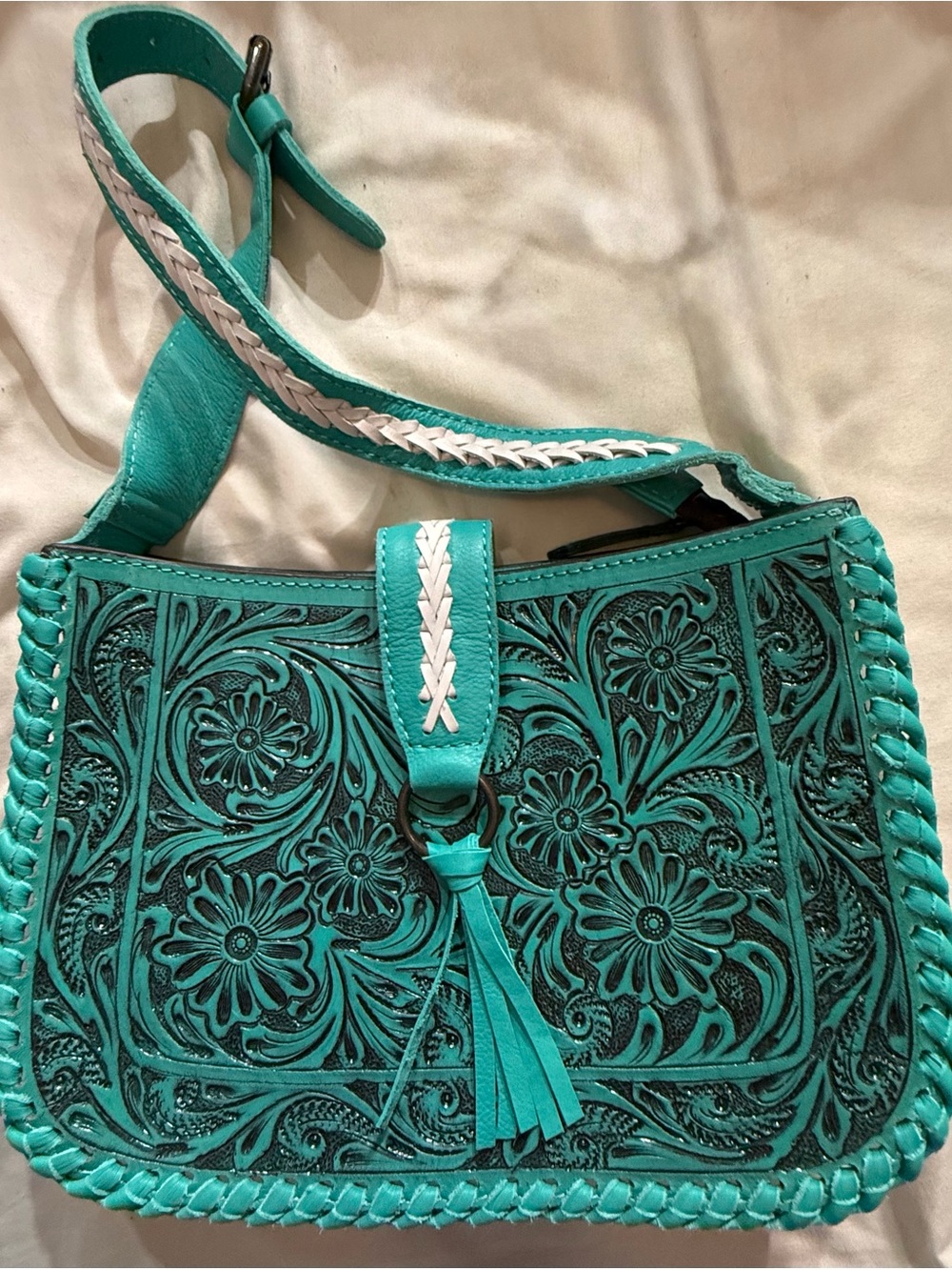 Turquoise Tooled Leather Western Purse Handmade Floral Crossbody Bag